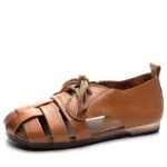 2025 Women Summer Sandals Outdoor Genuine Leather Casual Mom Shoes Females Retro Lace-up Flats Loafers Woman Plus Size 35-41